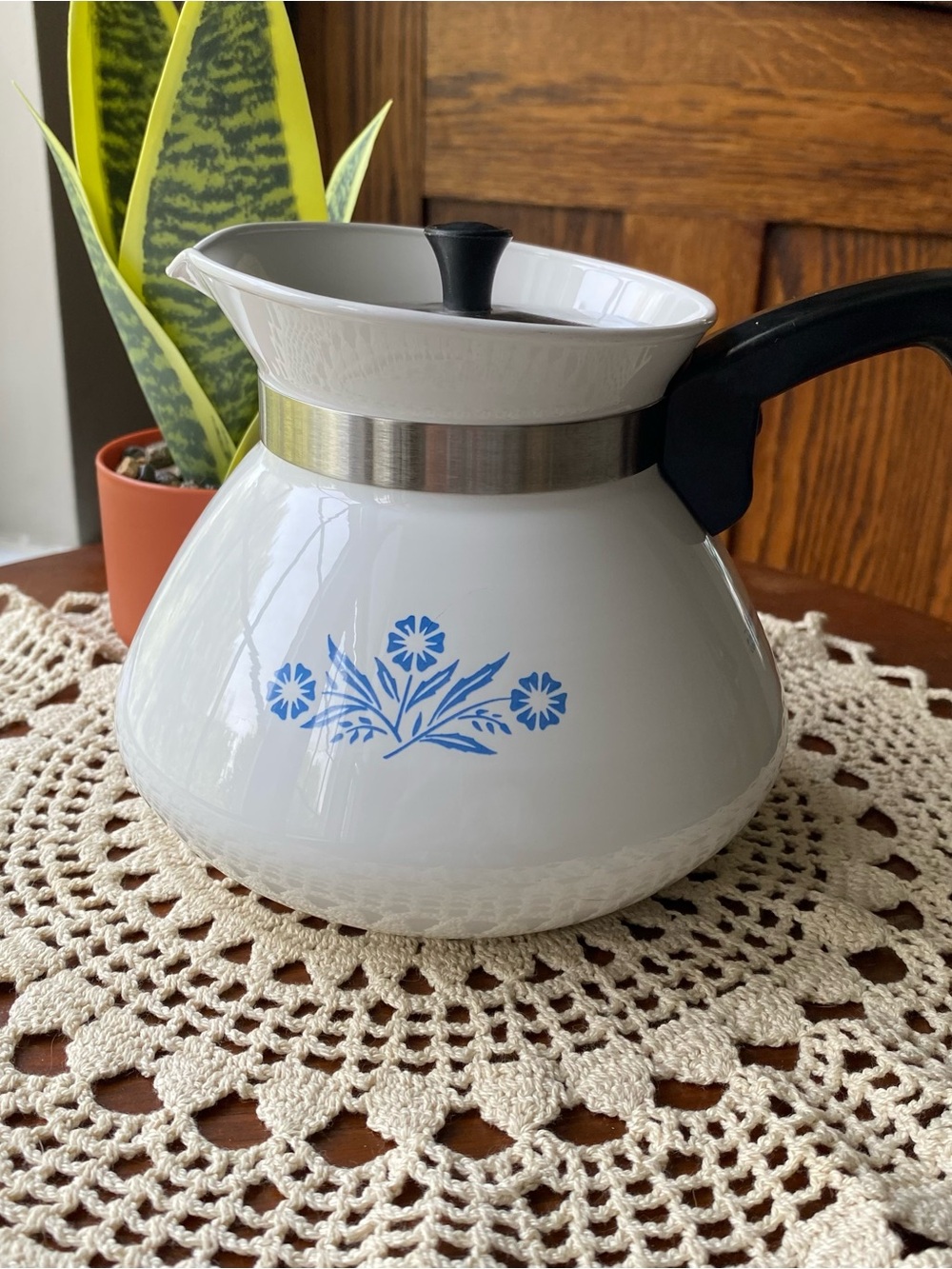 Vintage Corningware White Coffee Carafe with Blue Floral Motif and Black Handle